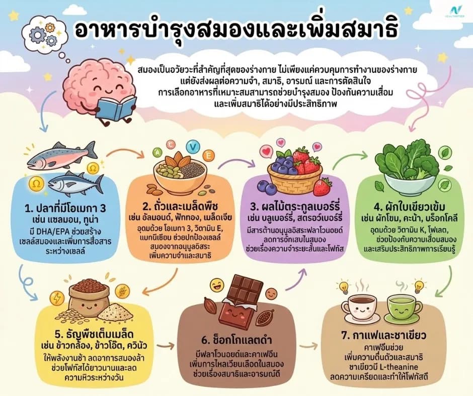 ภาพประกอบด้านโภชนาการ: อาหารบำรุงสมอง + สมาธิ: กินอย่างไรให้ฉลาดและโฟกัสดี