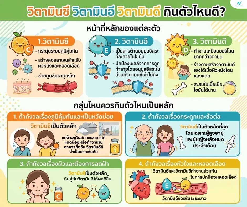 ภาพประกอบด้านโภชนาการ: วิตามินซี vs วิตามินอี vs วิตามินดี กินตัวไหนดี?