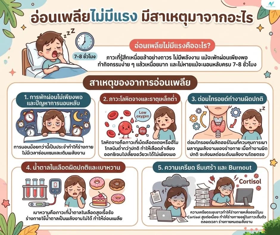 ภาพประกอบด้านสุขภาพ: อ่อนเพลียไม่มีแรง สาเหตุ อาการ และวิธีแก้ที่ได้ผลจริง