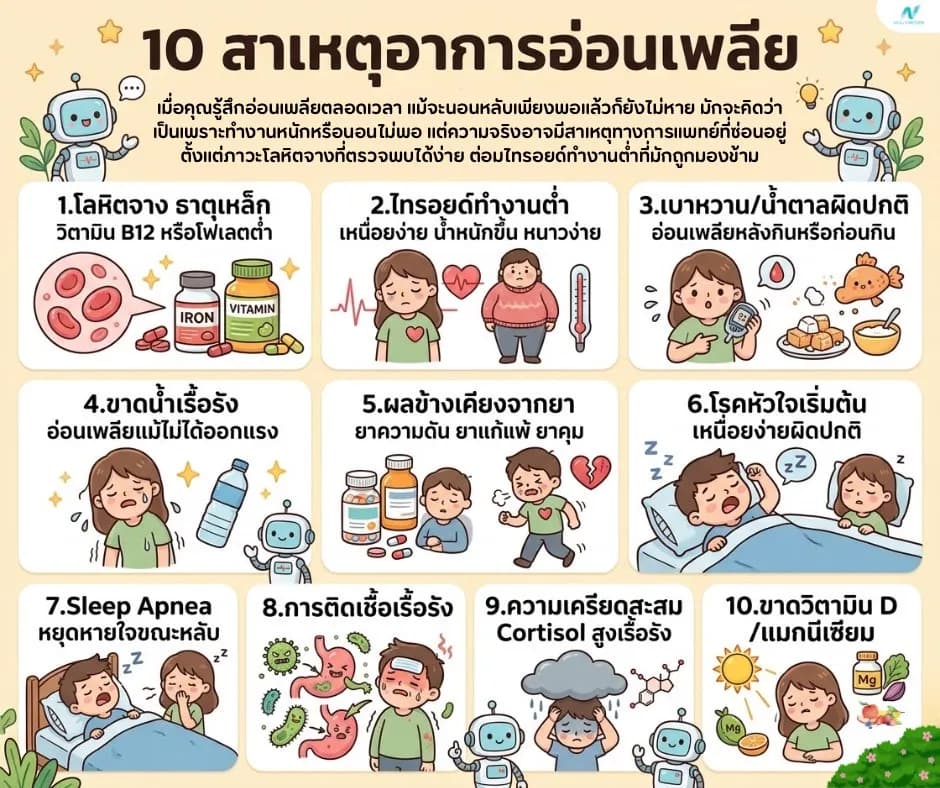ภาพประกอบด้านสุขภาพ: อ่อนเพลียเกิดจากอะไร? 10 สาเหตุที่คนมักมองข้าม