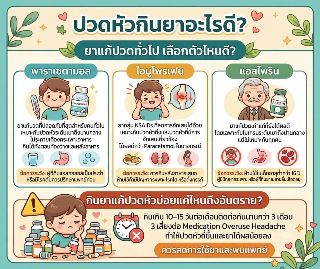 ภาพประกอบด้านสุขภาพ: ปวดหัวกินยาอะไรดี? เปรียบเทียบยาแก้ปวด