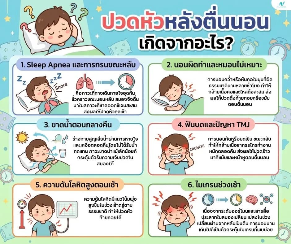 ภาพประกอบด้านสุขภาพ: ปวดหัวหลังตื่นนอน เกิดจากอะไร? วิธีแก้