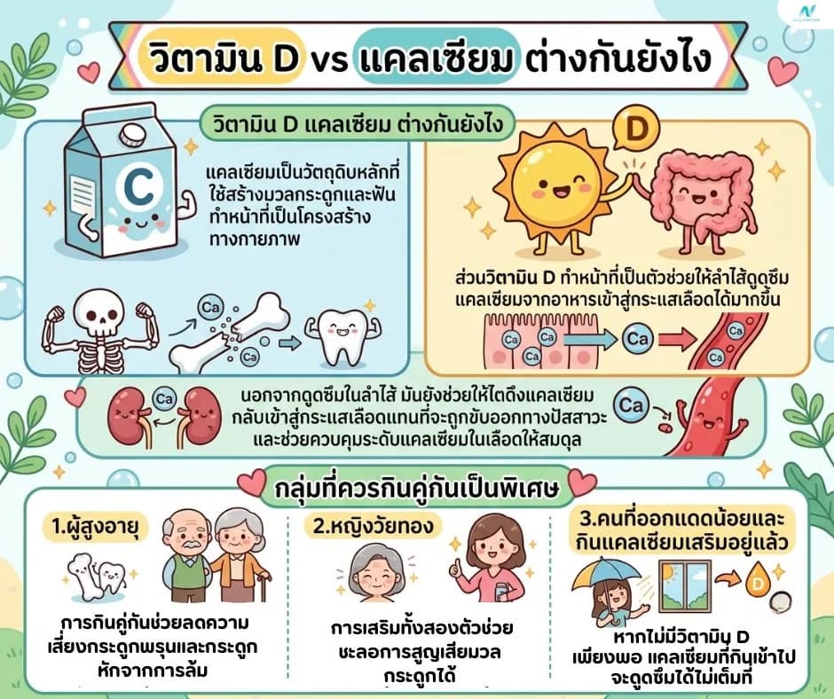 ภาพประกอบด้านโภชนาการ: วิตามิน D vs แคลเซียม ต่างกันยังไง ต้องกินคู่กันไหม ฉบับสรุป