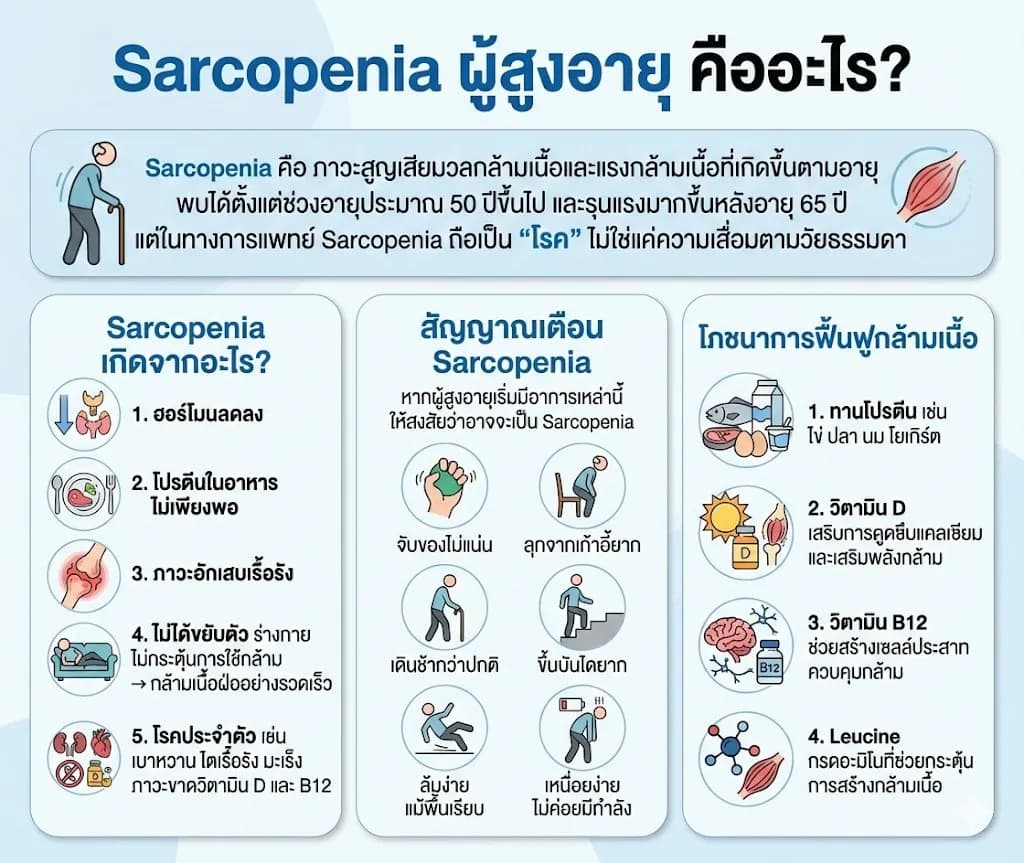 ภาพประกอบด้านสุขภาพ: Sarcopenia ผู้สูงอายุ คืออะไร? กล้ามเนื้อลด อ่อนแรง เสี่ยงหกล้ม แก้ได้ด้วยอาหารและการออกกำลัง