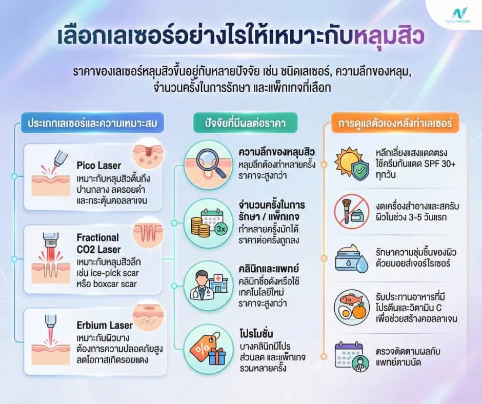 ภาพประกอบด้านสุขภาพ: เลเซอร์หลุมสิว ราคาเท่าไหร่? ชนิดเลเซอร์ & วิธีเลือกให้เหมาะกับหลุมสิว