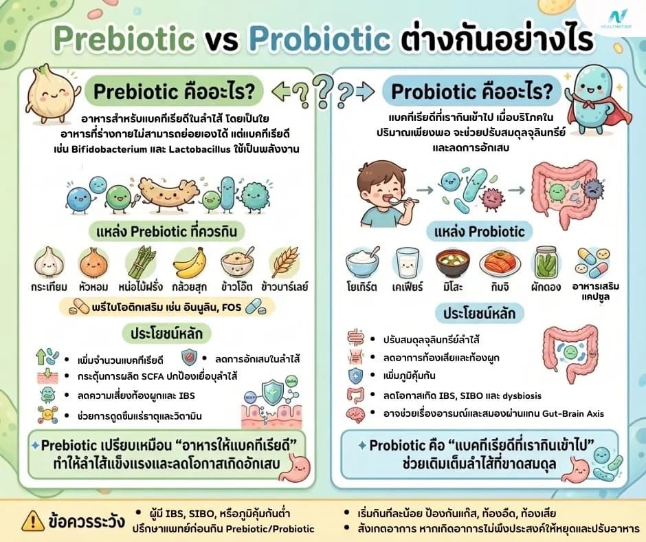 ภาพประกอบด้านสุขภาพ: Prebiotic vs Probiotic เลือกอย่างไร
