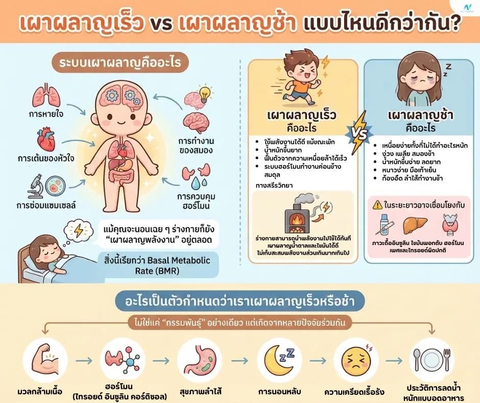ภาพประกอบด้านสุขภาพ: เผาผลาญเร็ว vs ช้า ชีวิตต่างกันแค่ไหน? เข้าใจระบบเผาผลาญก่อนลดน้ำหนัก
