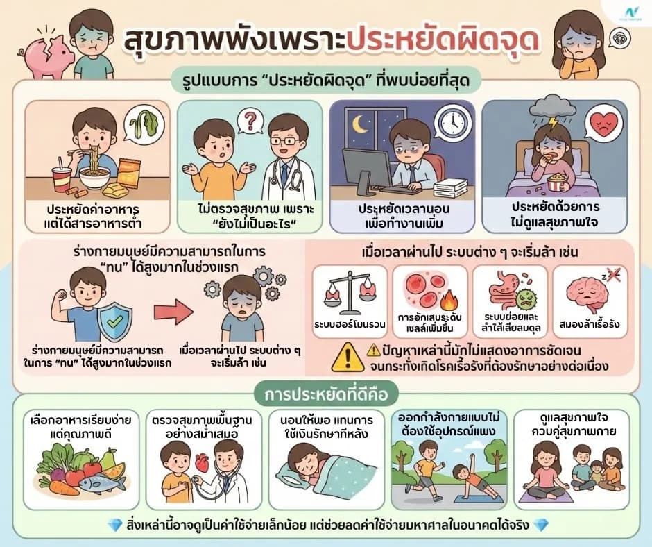 ภาพประกอบด้านสุขภาพ: สุขภาพพังเพราะประหยัดผิดจุด: ประหยัดวันนี้ แต่จ่ายแพงกว่าในอนาคต