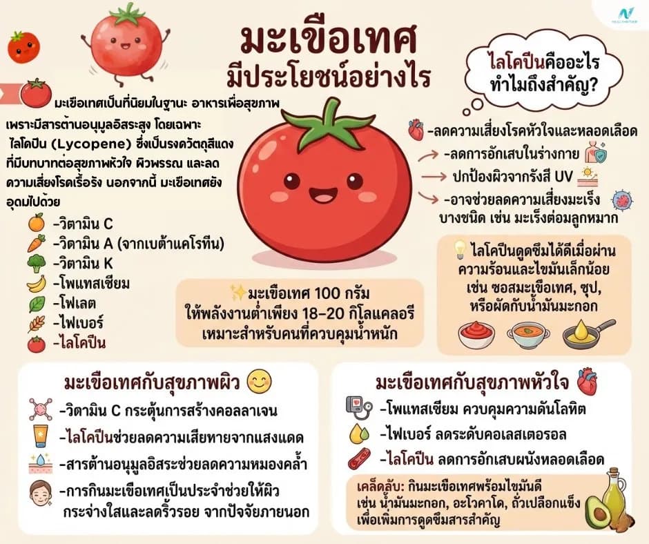 ภาพประกอบด้านโภชนาการ: มะเขือเทศ ประโยชน์ สารอาหาร และวิธีกินให้ได้คุณค่าสูงสุด