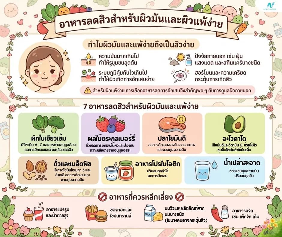 ภาพประกอบบทความ: อาหารลดสิวสำหรับผิวมันและผิวแพ้ง่าย
