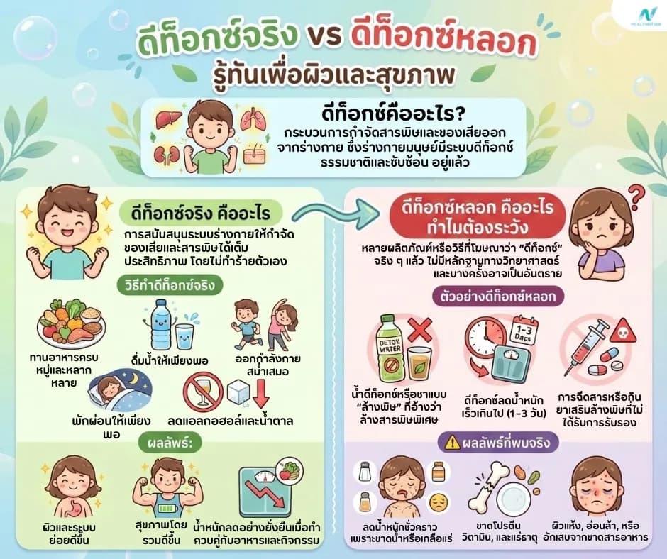 ภาพประกอบด้านสุขภาพ: ดีท็อกซ์จริง vs ดีท็อกซ์หลอก รู้ทันเพื่อผิวและสุขภาพ