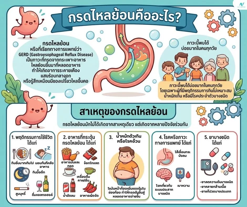 ภาพประกอบด้านสุขภาพ: กรดไหลย้อนคืออะไร? สาเหตุ ปัจจัยเสี่ยง และภาวะแทรกซ้อนที่ควรรู้