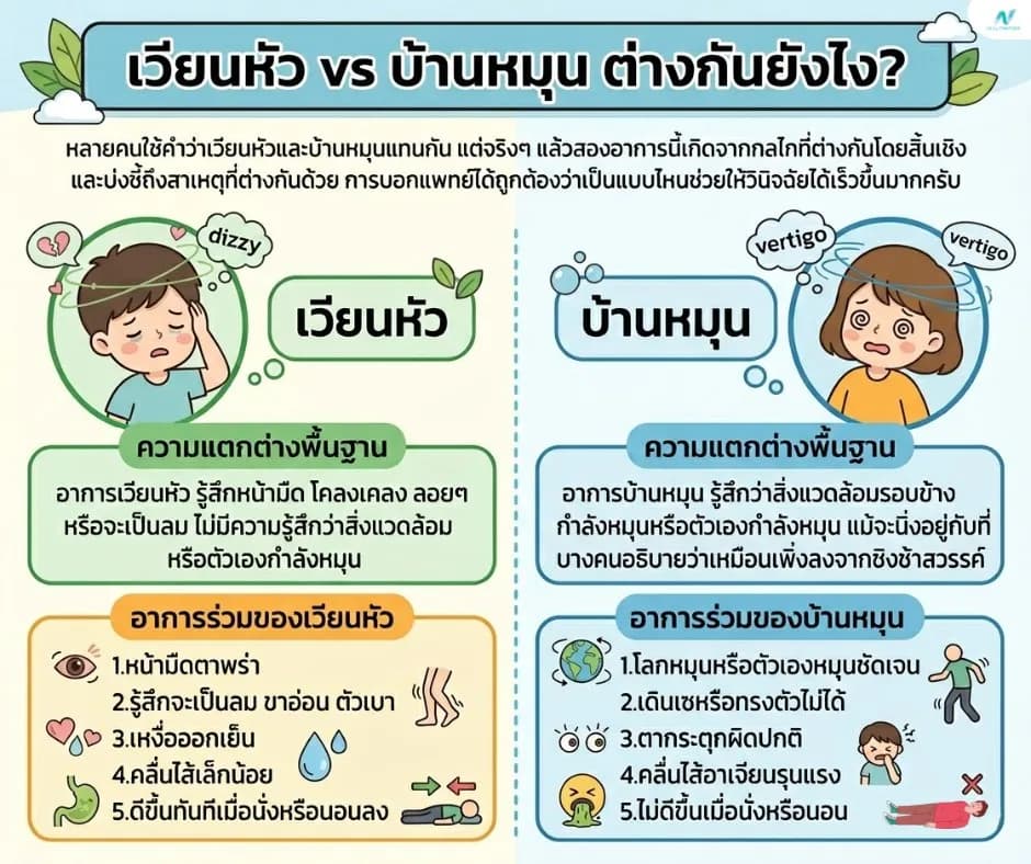 ภาพประกอบด้านสุขภาพ: เวียนหัว vs บ้านหมุน ต่างกันยังไง? วิธีแยกอาการให้ถูกต้อง
