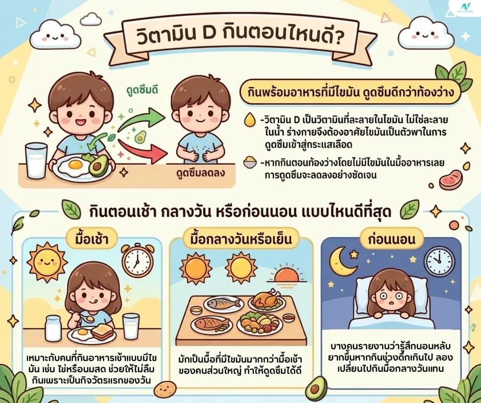 ภาพประกอบด้านโภชนาการ: วิตามิน D กินตอนไหนดี? วิธีกินให้ดูดซึมได้ผลที่สุด ฉบับสรุป