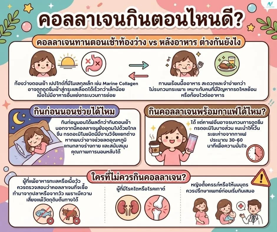 ภาพประกอบด้านโภชนาการ: คอลลาเจนกินตอนไหนดี? กินคู่วิตามินซีช่วยดูดซึมได้จริงไหม