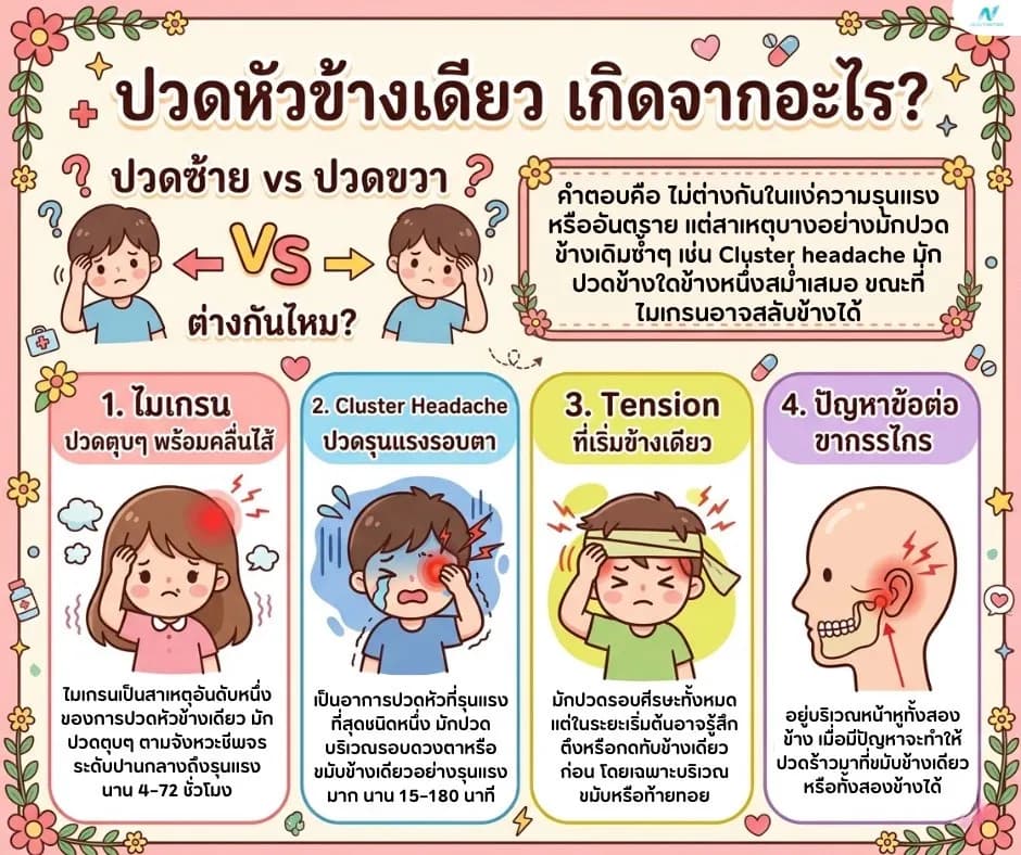ภาพประกอบด้านสุขภาพ: ปวดหัวข้างเดียว เกิดจากอะไร? แยกสาเหตุ