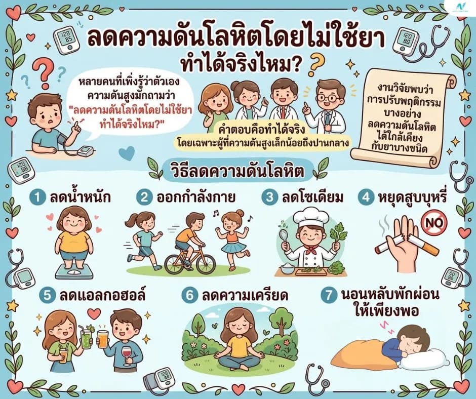 ภาพประกอบด้านสุขภาพ: ลดความดันโลหิตโดยไม่ใช้ยา ทำได้จริงไหม? 8 วิธีที่ได้ผล